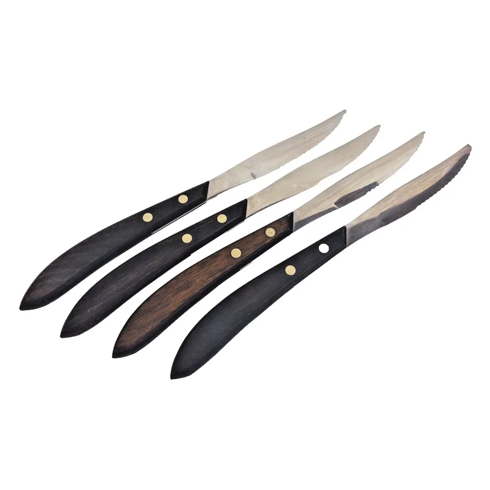 Vintage Stanley Steak Knives Stainless Steel Curved Wood Handle Tang 4 Pack